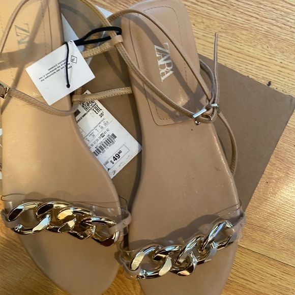 ZARA WOMEN CHAIN TRIM LOW HEELED SANDALS Beige SIZE US9/40 NEW With TAGS - Picture 5 of 9